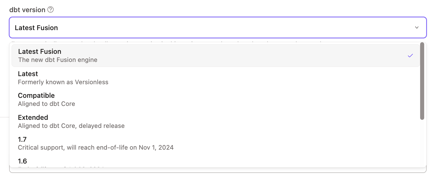 Select Latest Fusion from the dbt version dropdown