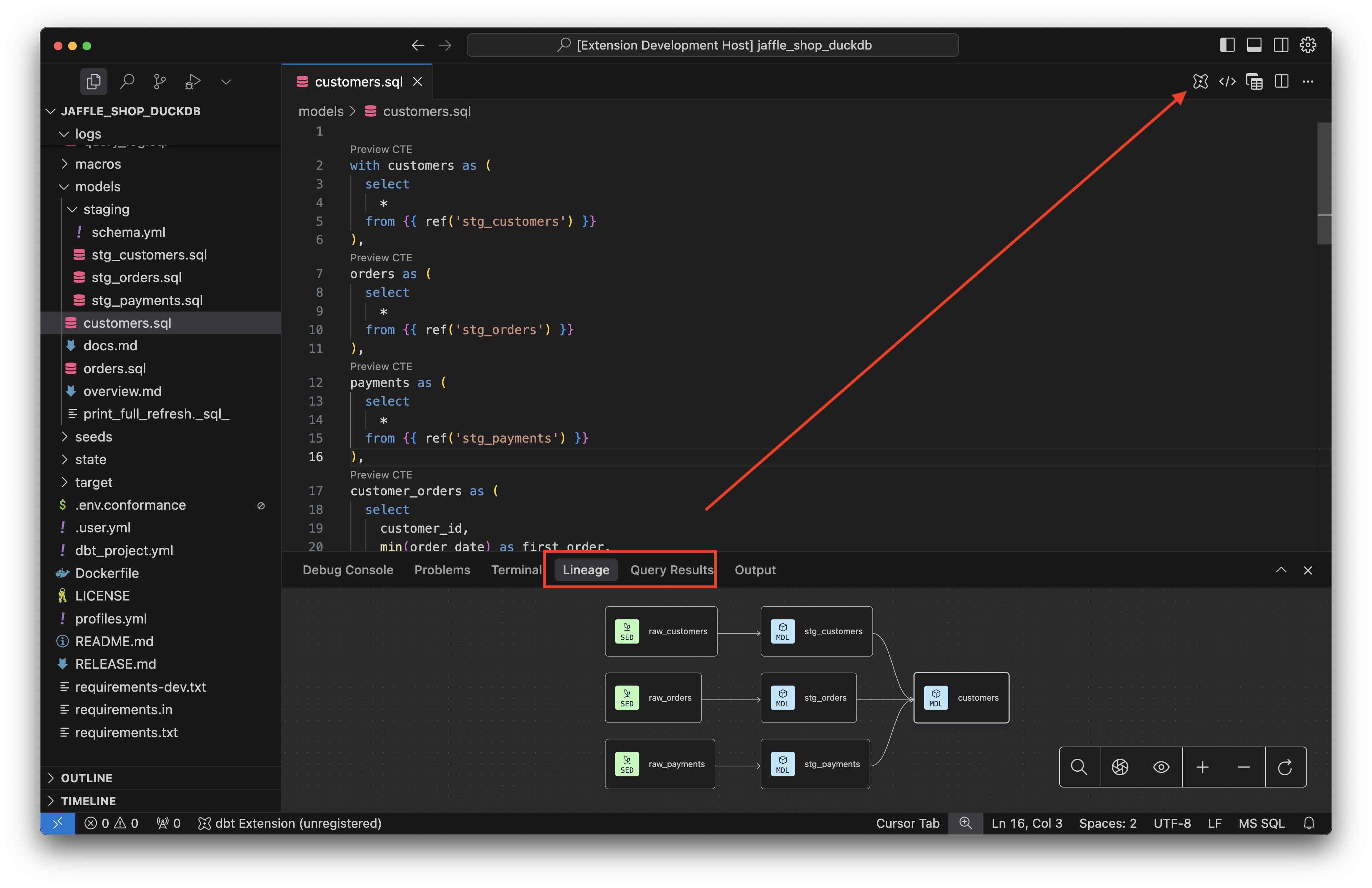The VS Code UI with the extension running.